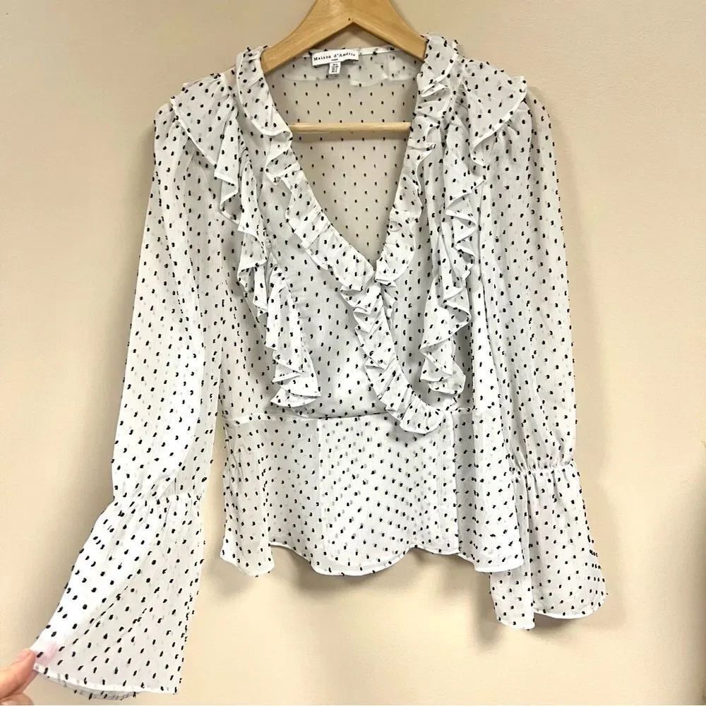 Maison d Amelie White Blouse with Black Dots and Ruffles. Size Sm
